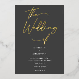 Elegante, graue schwarze Gold-Kalligrafie-Script-H Folieneinladung