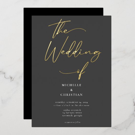 Elegante, graue schwarze Gold-Kalligrafie-Script-H Folieneinladung (Vorderseite/Rückseite)