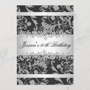 Elegante graue schwarze Silver Rose Geburtstagspar Einladung