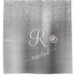 Elegante graue Sparkle Custom Monogram Pink Rose Duschvorhang