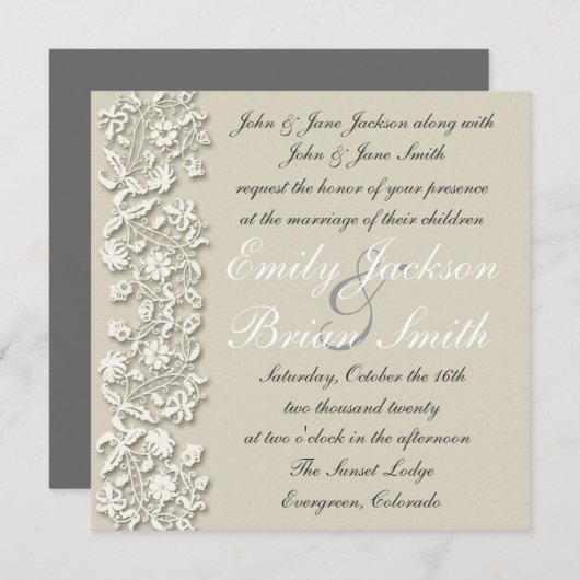 Elegante, graue Spitze formelle Hochzeitsfeier Einladung (Vorne/Hinten)