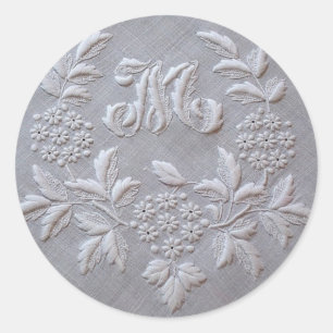 Elegante graue Stickerei-Blumenmonogrammbuchstabe Runder Aufkleber