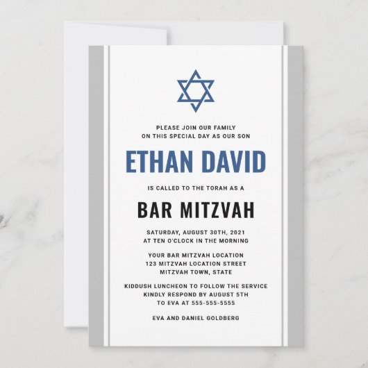 Elegante graue und blaue Bar mitzvah Einladung (Vorderseite)