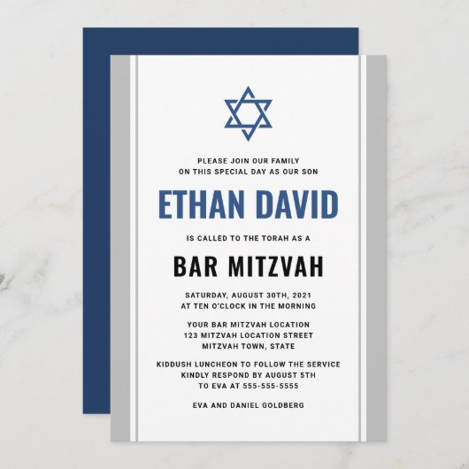 Elegante graue und blaue Bar mitzvah Einladung (Vorne/Hinten)