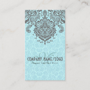 Elegante graue und blaue vintage-florale Damastmus Visitenkarte