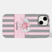 Elegante graue und rosa Streifen und Blume Case-Mate iPhone Hülle (Rückseite (Horizontal))