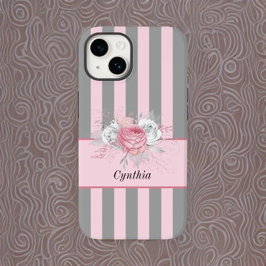 Elegante graue und rosa Streifen und Blume Case-Mate iPhone Hülle