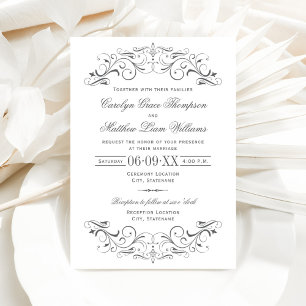 Elegante Graue Verzierte Schriftrolle Hochzeit Einladung
