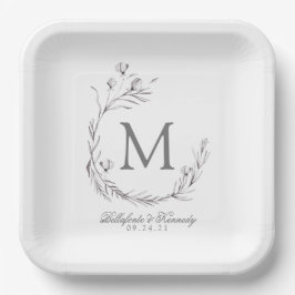 Elegante, graue, weiße, botanische Wraath-Hochzeit Pappteller