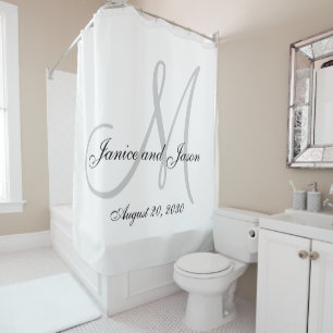Elegante, graue, weiße Monogrammnamen Hochzeit Duschvorhang