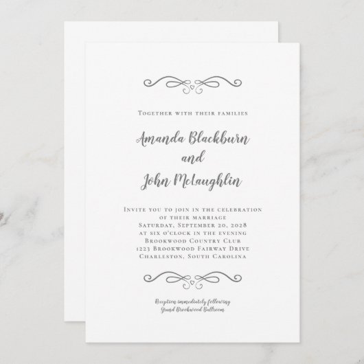 Elegante graue weiße Zeitlose formelle Chic Hochze Einladung (Vorne/Hinten)