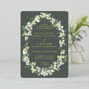 Elegante graugrüne Schneebeere+Eukalyptus-Hochzeit Folieneinladung