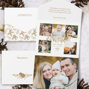 Elegante gravierte goldene Weihnachtsblumen 5-Foto All In One Einladung