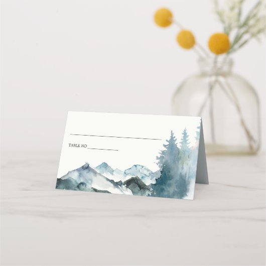Elegante Gray Blush Blue Mountains Pine Wedding Platzkarte (Rückseite)