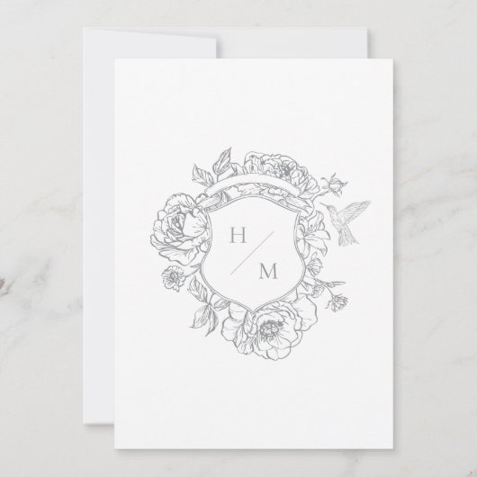 Elegante Gray Chinoiserie Bird & Wappen Wedding Einladung (Rückseite)