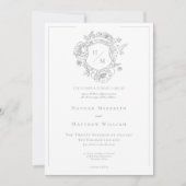 Elegante Gray Chinoiserie Bird & Wappen Wedding Einladung (Vorderseite)