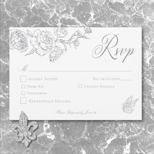 Elegante Gray Chinoiserie Bird & Wappen Wedding RSVP Karte