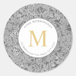 Elegante Gray Floral Gold Monogram Rücksendeadress Runder Aufkleber