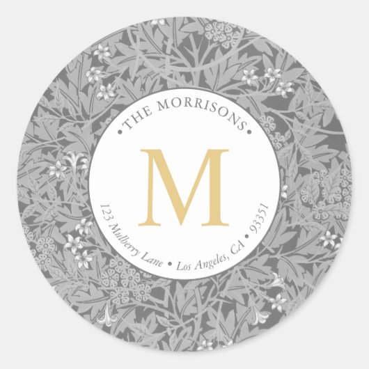 Elegante Gray Floral Gold Monogram Rücksendeadress Runder Aufkleber (Vorderseite)