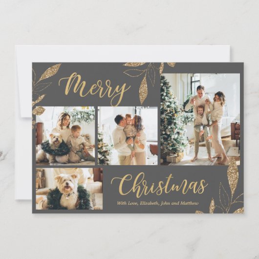 Elegante Gray Gold Foto Collage Weihnachtskarte (Vorderseite)