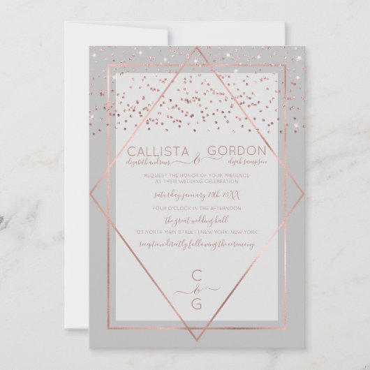 Elegante Gray Rose Gold Confetti Geo Border Weddin Einladung (Vorderseite)