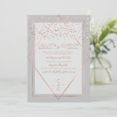 Elegante Gray Rose Gold Confetti Geo Border Weddin Einladung (Stehend Vorderseite)