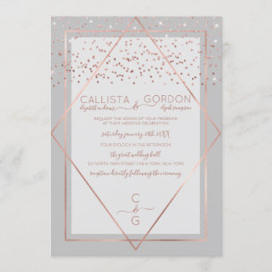Elegante Gray Rose Gold Confetti Geo Border Weddin Einladung