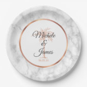 Elegante Gray Rose Gold Palm Tree Marmorhochzeit Pappteller (Vorderseite)