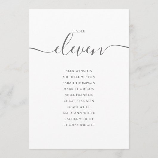 Elegante Gray Script Tischnummer 11 Seating Chart (Rückseite)