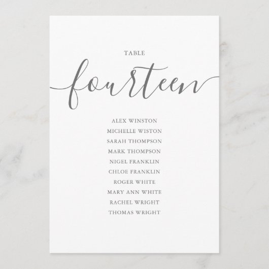 Elegante Gray Script Tischnummer 14 Seating Chart (Vorderseite)