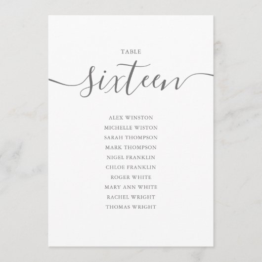 Elegante Gray Script Tischnummer 16 Seating Chart (Vorderseite)