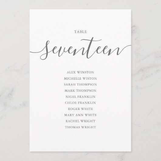 Elegante Gray Script Tischnummer 17 Seating Chart (Vorderseite)
