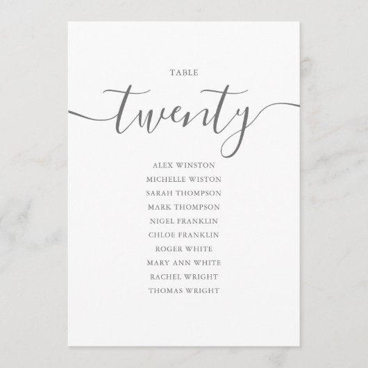 Elegante Gray Script Tischnummer 20 Seating Chart (Vorderseite)