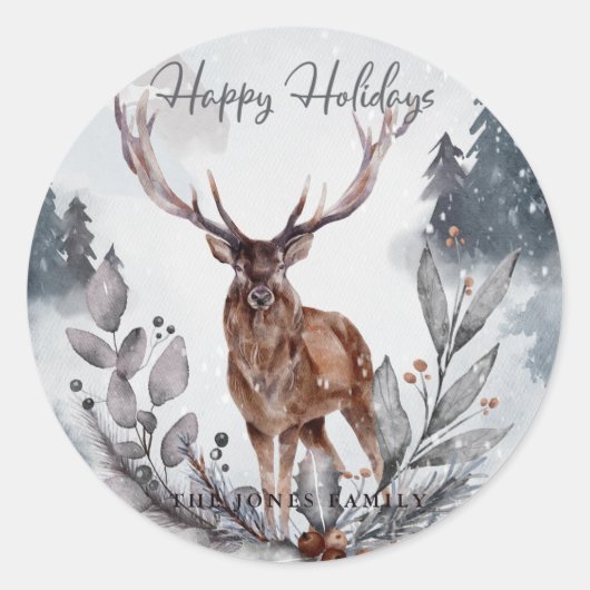 Elegante Gray Watercolor Winter Christmas Deer Runder Aufkleber (Vorderseite)