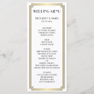 Elegante Great Gatsby Art Deco Hochzeitsmenü Menükarte