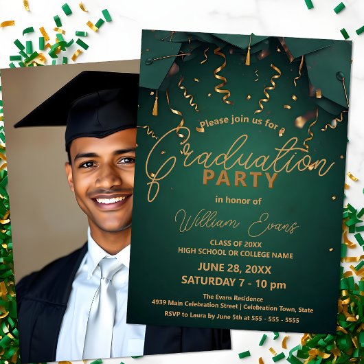 Elegante Green and Gold Graduation Party mit Foto Einladung