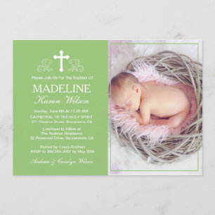Elegante Green Baptism Foto Einladungskarte Einladung