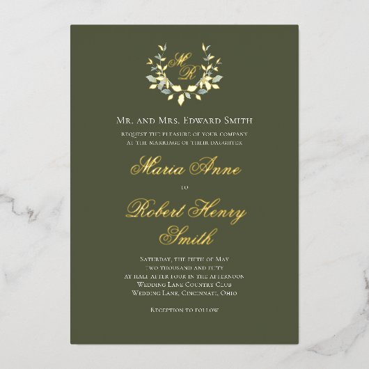 Elegante Green Calligraphy Gold Monogram Wedding Folieneinladung (Vorderseite)