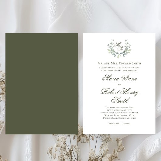 Elegante Green Calligraphy Script Monogram Wedding Einladung