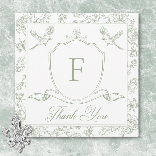 Elegante Green Chinoiserie Bird & Wappen Wedding Dankeskarte