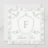 Elegante Green Chinoiserie Bird & Wappen Wedding Dankeskarte (Vorderseite)