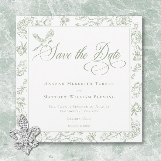 Elegante Green Chinoiserie Bird & Wappen Wedding Save The Date