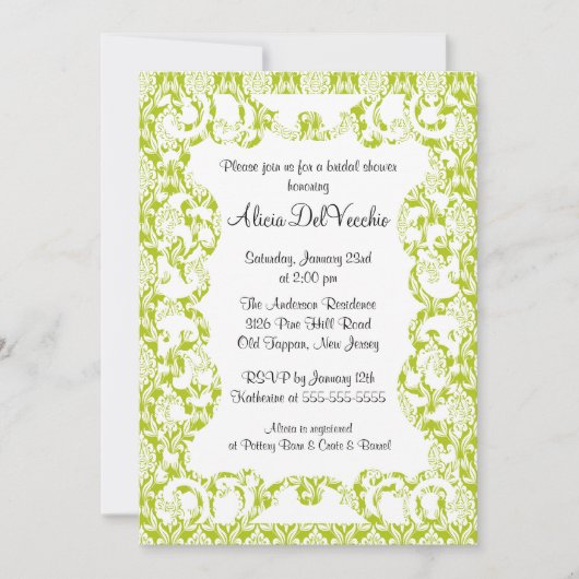 Elegante Green Damask Bridal Dusche Einladung (Vorderseite)