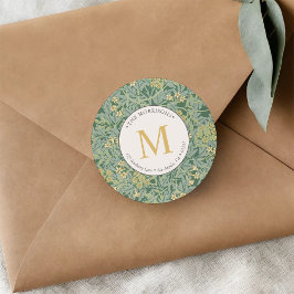 Elegante Green Floral Gold Monogram Rücksendeadres Runder Aufkleber