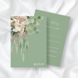 Elegante Green Floral Peonies Wedding RSVP Card