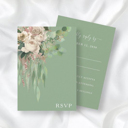 Elegante Green Floral Peonies Wedding RSVP Card
