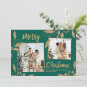 Elegante Green Gold Blätter 2 Foto Weihnachtskarte (Stehend Vorderseite)