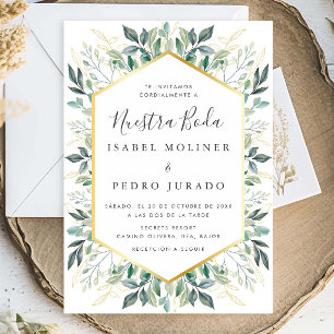 Elegante Green Gold Blätter Nuestra Boda Wedding Einladung
