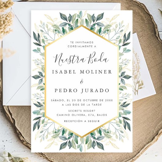 Elegante Green Gold Blätter Nuestra Boda Wedding Einladung