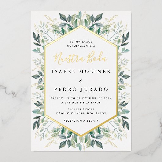 Elegante Green Gold Blätter Nuestra Boda Wedding Folieneinladung (Vorderseite)